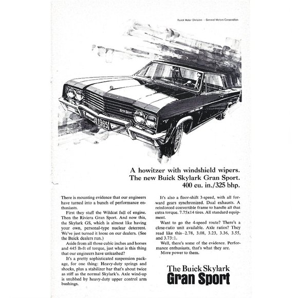 Other - Buick Skylark Gran Sport Car 1960s Vintage Print Ad 9 inch Tall Automobile Tear